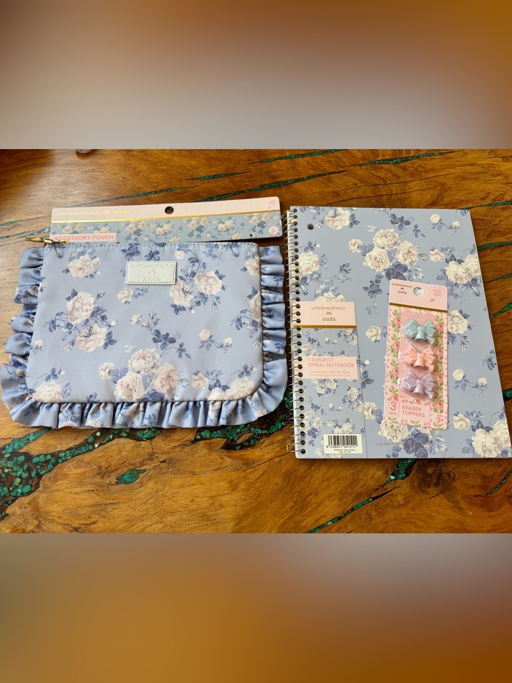 LoveShackFancy Blue Floral pouch, pen toppers & Spiral Notebook Set